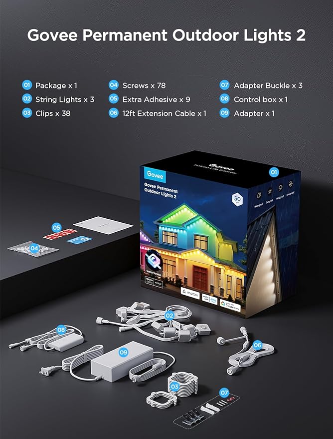 Govee Permanent Outdoor Lights 2, 50ft RGBIC Outdoor Lights with 36 LED Lights, IP67 Waterproof, 100 Scene Modes with 40lm White for Outdoor Decorations, Works with Alexa, Google Assistant, White Govee