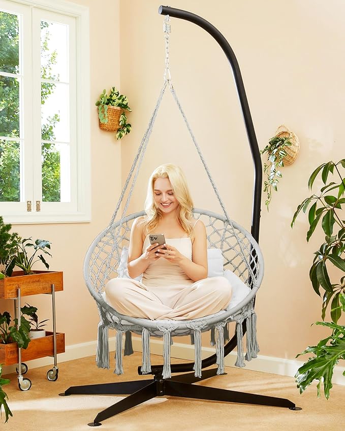 Greenstell Hammock Chair, Macrame Swing Chair with Comfy Cushion, Boho Hanging Chair for Outdoor & Indoor, Perfect for Bedroom, Patio, Balcony, Hold up to 350Lbs, Grey Greenstell