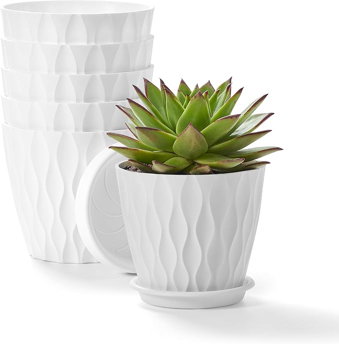 FaithLand 6-Pack 6-Inch Plastic Plant Pots with Saucers | Thickened PP Material, Modern Wave Texture, Enhanced Drainage for Indoor/Outdoor Garden Plants | White Value Set FaithLand