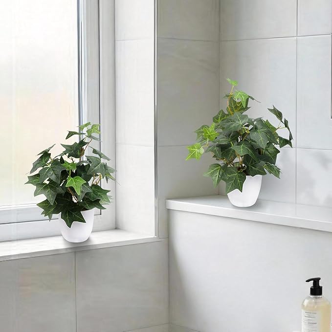 alyptus Fake English Ivy Plants in Pots Set of 2 – Realistic Artificial Ivy Greenery for Home Decor, Tabletop, Office, Shelf, Balcony or Bathroom - Green with White Pots ALYPTUS