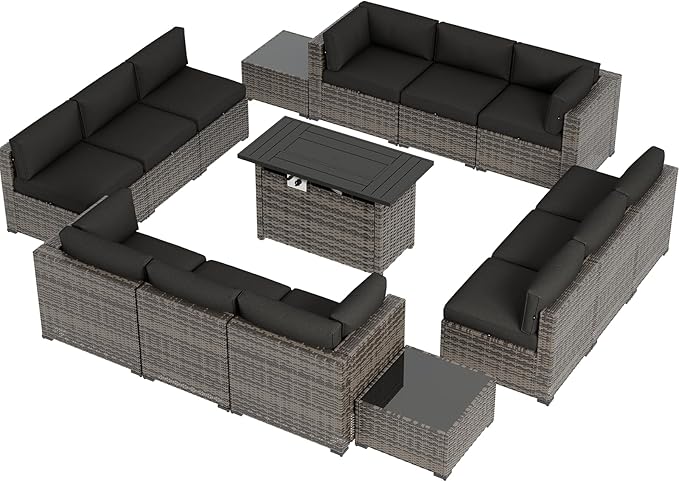 Aoxun Patio Furniture Sets, 15-Piece Outdoor Patio Furniture with 44'' Propane Gas Firepit Table, Wicker Outdoor Conversation Set Sectional Sofa for Backyard, Poolside, Garden Aoxun