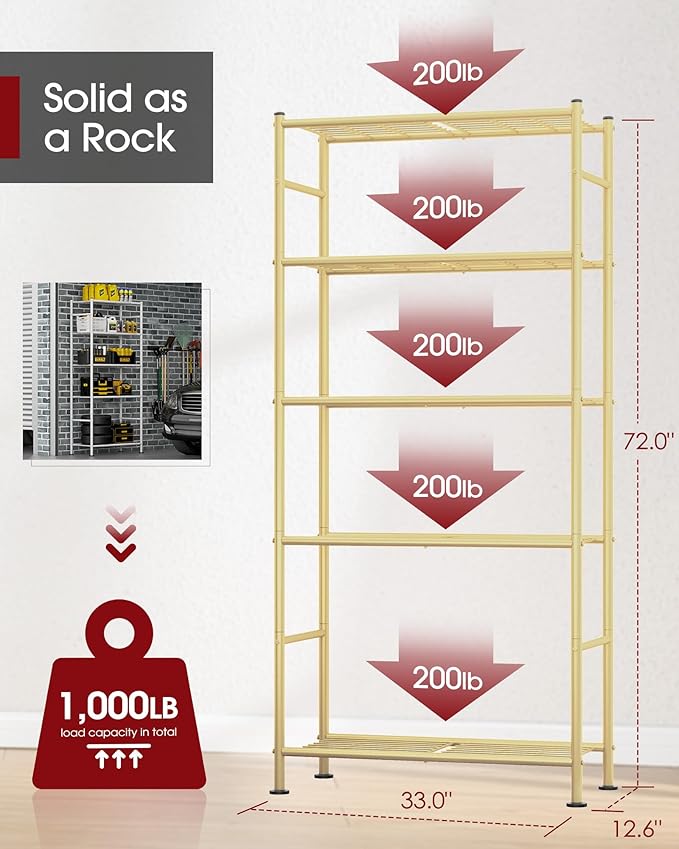 Storage Shelves - 5 Tier Shelf Organizer, Heavy Duty Garage Shelving Unit with Leveling Feet, Stable Metal Shelves Organizer for Pantry, Kitchen and Closet, 33.0" W x 12.6" D x 72.0" H, Gold Sakugi