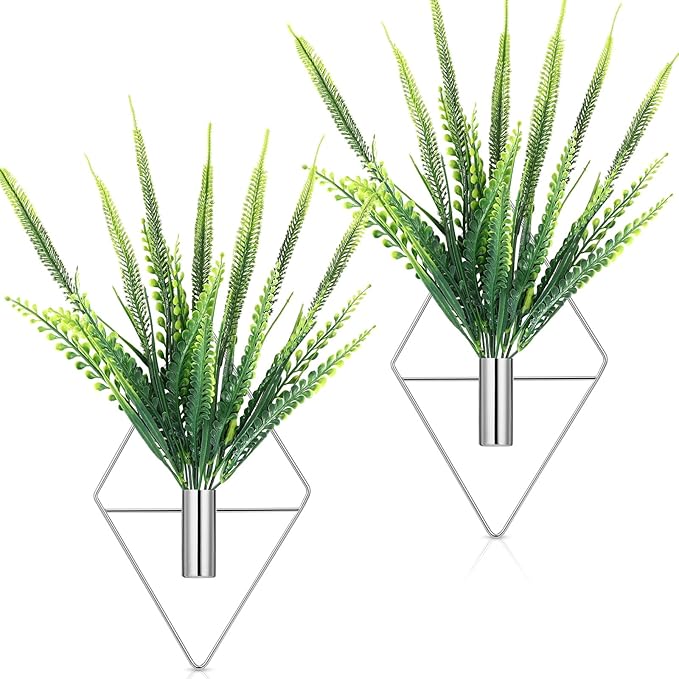 2 Pieces Wall Decor Hanging Planters with Artificial Plants Metal Hanging Vase Indoor Plants Holder Modern Boho Wall Art for Bathroom Bedroom Living Room Decor(Silver,Boston Fern) Canlierr