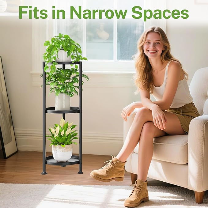 iDavosic.ly 3 Tier Plant Stand Indoor with 10 Inch Wide Tray, Tiered Corner Metal Outdoor Flower Display Holder, Vertical Tall Rack for Patio Porch Living Room, Modern Black iDavosicly