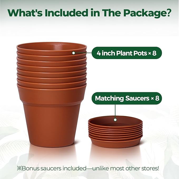 T4U 4 Inch Plant Pots 8-Pack, Small Flower Pots with Drainage Hole and Saucer, Decorative Nursery Pot Bulk for African Violet, Snake Plant, Succulent, Herb and Plants Indoor (8 Pcs 4" Pots) T4U
