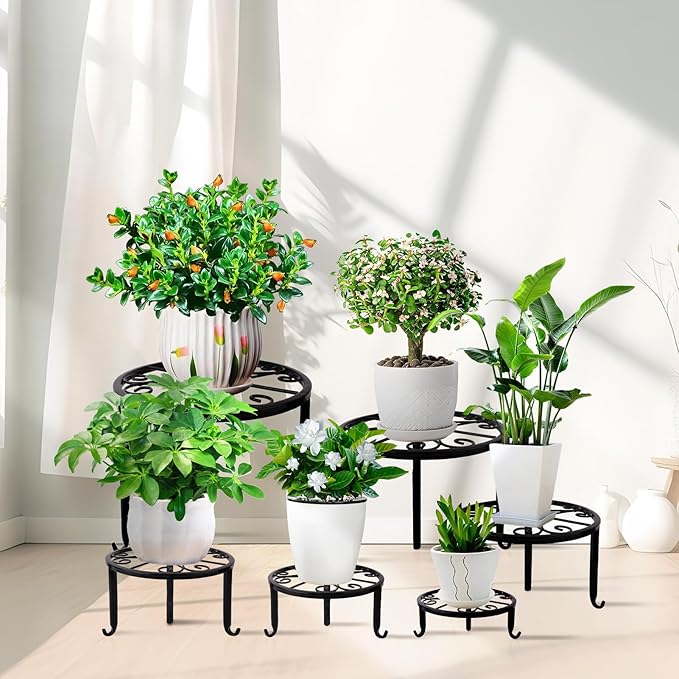 6-Pack Metal Plant Stand,Heavy Duty Flower Pot Stands for Multiple Plant,Outdoor Anti-Rust Plant Pot Shelf, Round Plant Holder for Outdoor/Indoor Planter, Living Room, Balcony Decor (6PACK BLACK) Acteomsly