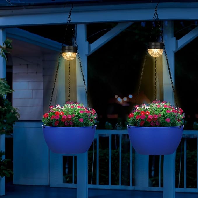 SUNNYPARK 2 Packs Hanging Planters Basket for Outdoor Plants, Solar Powered Self Watering Blue Round Plastic Flower Pots with Drainer for Balcony Patio Garden Outdoor Decoration SUNNYPARK