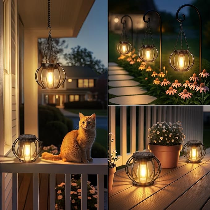 Solar Lanterns Outdoor Waterproof: 2 Pack Metal Hanging Decorative Solar Lights for Pathway Patio Garden Yard - 800mAh Lighting Auto On/Off - IP65 Rustproof Outdoor Lights - Gifts for Mom Women NESSTU