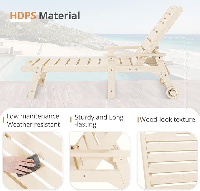 LUE BONA Outdoor Chaise Lounge, HDPS Chaise Lounger, 5 Positions Adjustable Lounge Chairs, Pool Lounge Chair with Wheels for Poolside, Backyard, Sand LUEBONA