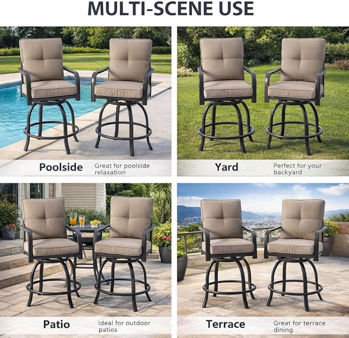 Kozyard Isabella Outdoor Swivel Bar Chairs, Counter Height Patio Bar Stools Set of 2 with Cushioned Seats, All-Weather Metal Bistro Chairs for Backyard Dining Beige Kozyard
