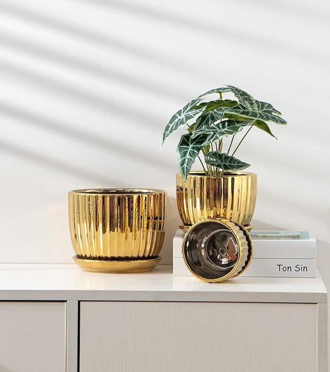 Ton Sin Gold Plant Pots,4.1+5.1+6.5 Inch Ceramic Succulent Planters Set of 3 Mini Indoor Flower Pot with Drainage,Handmade Decorative Ceramic Orchid and Herb Pots(Gold) TonSin