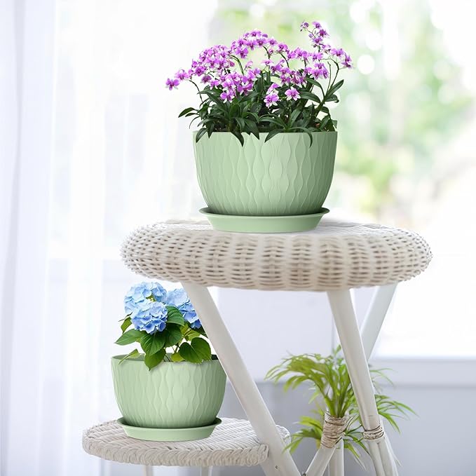 Large Flower Pots 12/10/9 inch, 3 Set Wide Plant Pots for Outdoor Indoor Plants with Water Ripples, Big Plastic Planters with Drainage Holes and Saucers for Garden House Plants, Green Meowell
