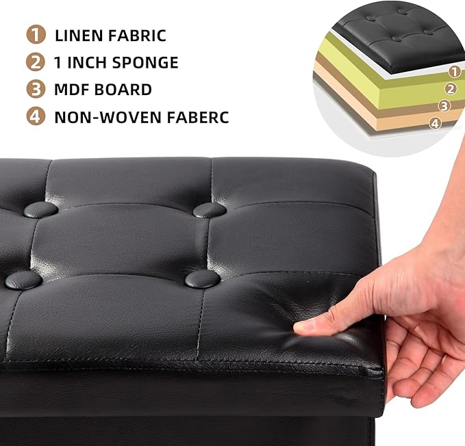 ALASDO Storage Ottoman Footrest Stool Small Ottoman with Storage Foldable Ottoman Leather Foot Rest Footstool Bench for Living Room 17x13x13inches Black ALASDO