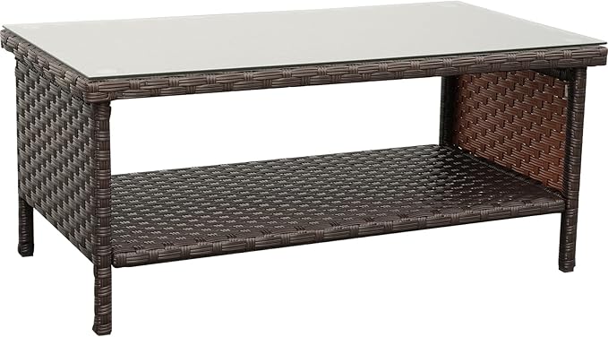 Outdoor Wicker Coffee Table Patio Furniture Garden Rattan 2-Layer Glass Table with Storage and Furniture Cover, Brown Rattaner