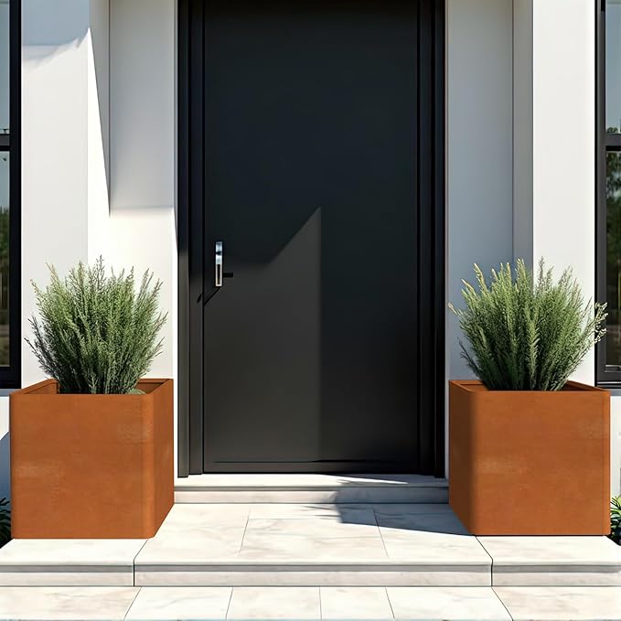 Corten Steel Planter Box 26" L x 26" W x 26" H,Large Metal Square Planter for Outdoor Plants,Metal Cube Flower Pot with Drainage Hole for Porch Hotel Patio Yard Gardenaire