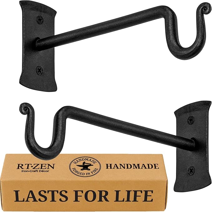 RTZEN Plant Hangers Indoor or Outdoor - Wrought Iron Metal Hanger Indoor Hook - Heavy Duty Wall Bracket Hooks for Hanging Plants Baskets Lanterns Wind Chimes - 2 Pack (Black Shepherds Hooks 7.5") RTZEN