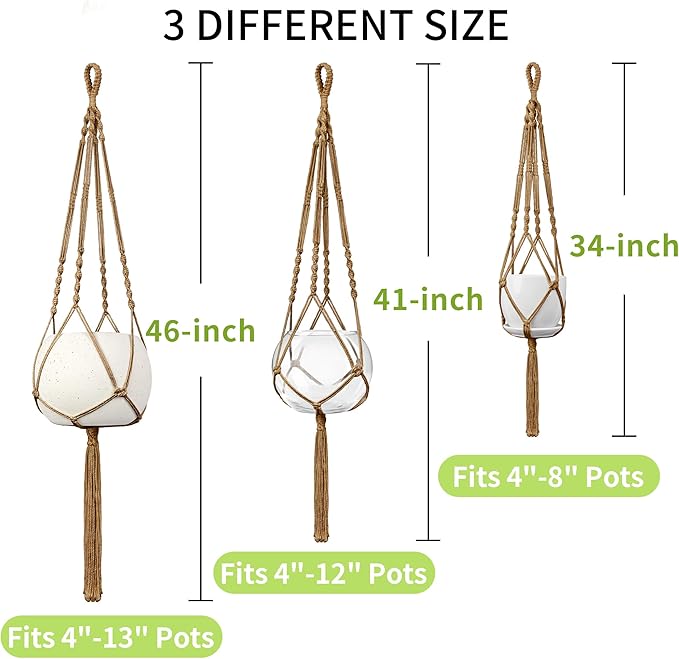 Macrame Plant Hanger - Fits 4 to 13 inches Pots for Indoor Outdoor, 34"/41"/46" 3 Sizes Set, Brown (POTS NOT Included) IDEEEPAN