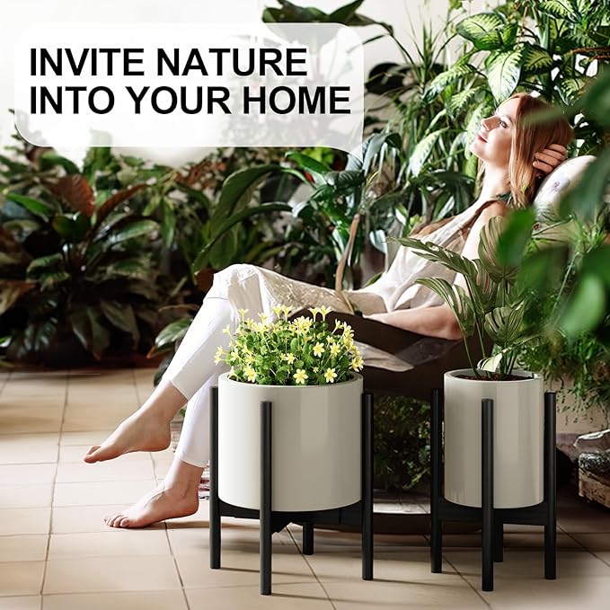MUDEELA Plant Stand for Indoor Plants: Adjustable Width Fits 8-12 Inch Pots - Mid-century Modern Bamboo Plant Stand - 14.5 Inch Single Tier Small Floor Plant Holder, Black, 2 Pack (Without Pot) MUDEELA