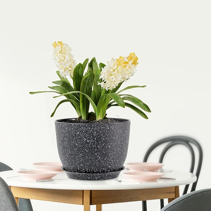 12 inch Big Plant Pots, Plastic Planters with Drainage Holes and Trays, Large Flower Pots for Indoor Outdoor Plants, Modern Decorative Pots for Garden House Plants, Speckled Black Meowell
