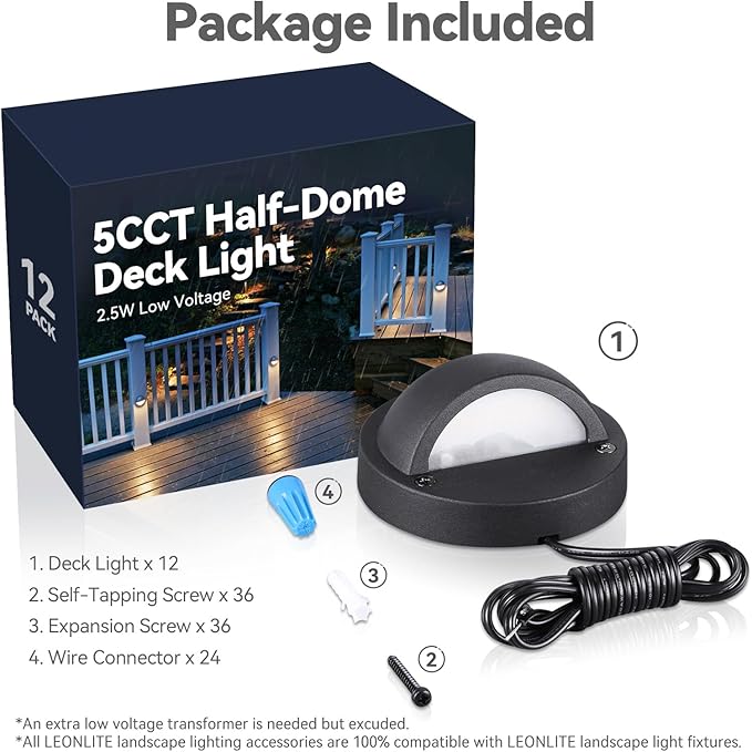 LEONLITE 12-Pack Update 5CCT LED Low Voltage Deck Lights, 180LM 3.74inch Landscape Step Railing Fence Light, 12-24V AC/DC, CRI90, Die-cast Aluminum Housing & Frosted Glass Lens, UL Cord, Black LEONLITE
