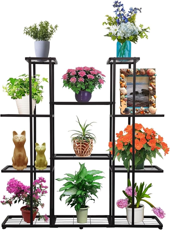 MTB Garden 4 Tier 11 Potted Metal Large Plant Stand for Indoor Outdoor Flower Pot Display Planter Shelf, Charcoal Grey MTBGarden