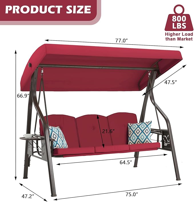 3-Seat Outdoor Porch Swing with Stand, Patio Swing with Canopy, 2 in 1 Porch Swing Bed & Patio Swing Chair for Adult w/Extra Pillows and Cup Holder for Yard (Wine Red) zzw