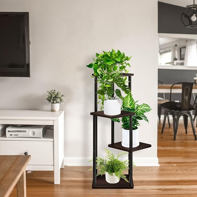 4 Tier Plant Stand Indoor, Thickened Metal Wood Corner Plant Shelf Stands for Multiple Plants, Indoor Tall Plants Stand Tiered Flower Holder for Living Room Patio Garden Balcony(Black+Oak) YOCOMEY