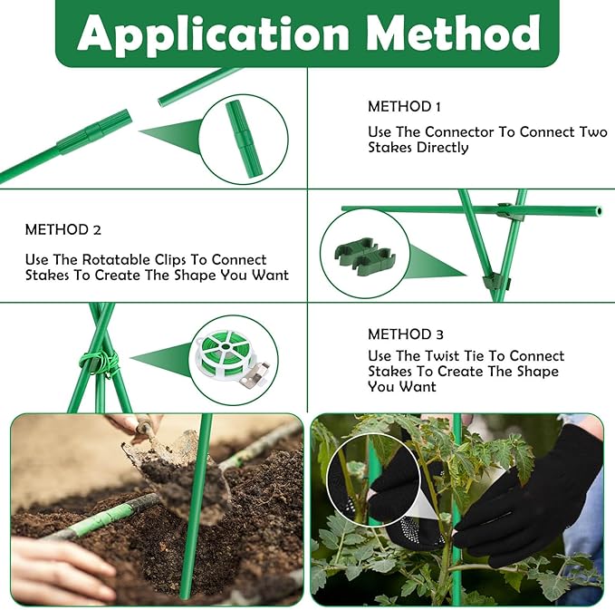 Cludoo 393PCS Garden Stakes Set with 120 Sets Fiberglass Plant Stakes Sticks Supports and Accessories, DIY 4ft 5ft 6ft 7ft Tomato Stakes for Tomato,Vegetables, Pepper, Indoor Outdoor Spring Plants Cludoo