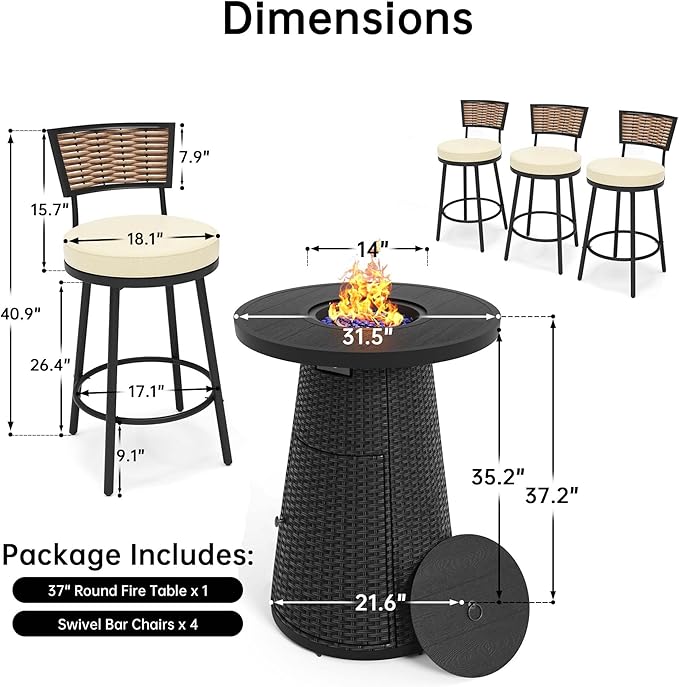 PIZZELLO 5-Piece Patio Swivel Bar Set with 37" Height Propane Round Firepit Table and High Swivel Stools Chair Set of 4, Outdoor High Top Bistro Set for Poolside, Garden, Balcony(Black) PIZZELLO