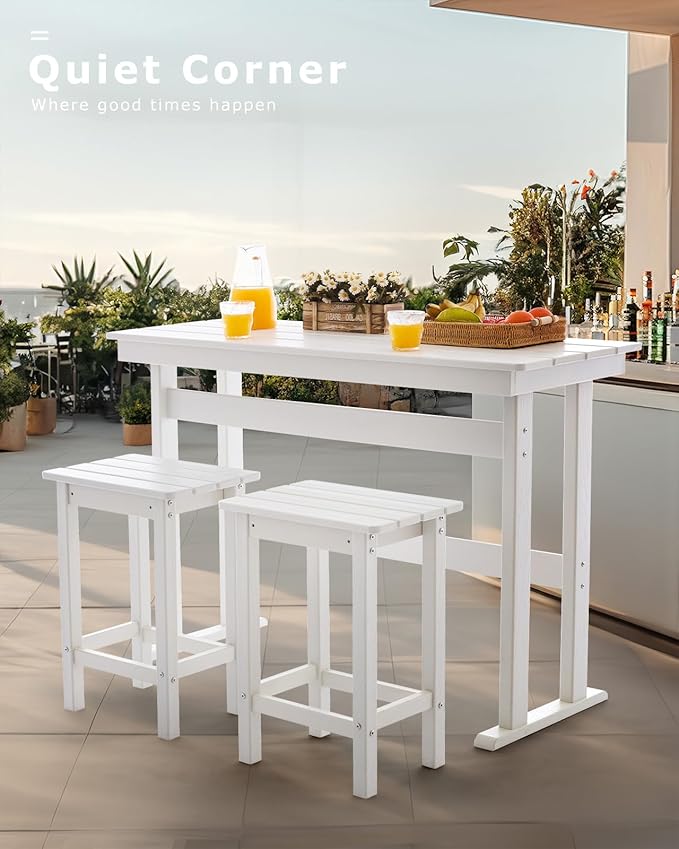 3 Piece HDPE Outdoor Bar Height Table and Chairs Set of 2 Includes High Top Patio Table and Chairs, Outside Patio Bar Set for Bistro,Balcony,Backyard,Poolside (White, 3 Piece) Rootora