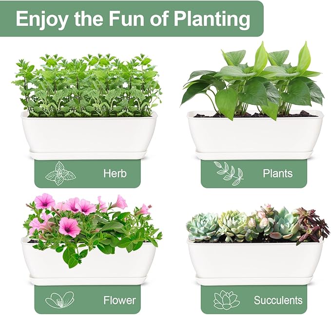 4-Piece White Rectangular Window Sill Planters with Drainage Holes and Trays (11 Inches) for Basil, Orchids, and Succulents Modern Herb Garden Planters Suitable for Indoor/Outdoor Plants Oliz