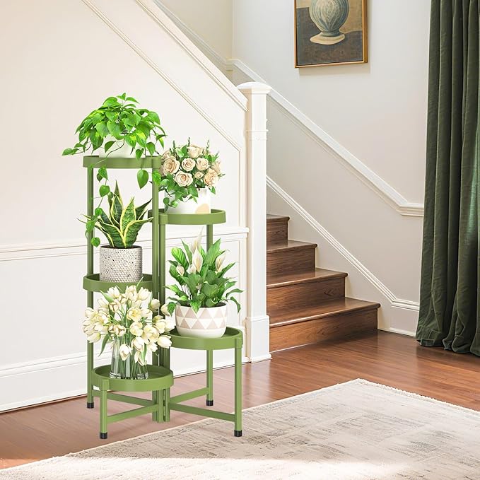 iDavosic.ly 5 Tier Folding Plant Stand Indoor Outdoor with Plastic Tray, Tiered Corner Flower Holder Shelf, Metal Orchid Display Rack for Patio Porch Living Room Garden Balcony, Green iDavosicly