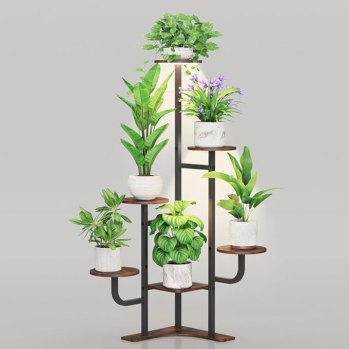 Corner Plant Stand with Grow Light - 6 Tier Plant Stand Indoor Round Metal Plant Shelf with Adjustable Light, Plant Organizer for Living Room, Graden, Home Decor (Brown) Homsorout