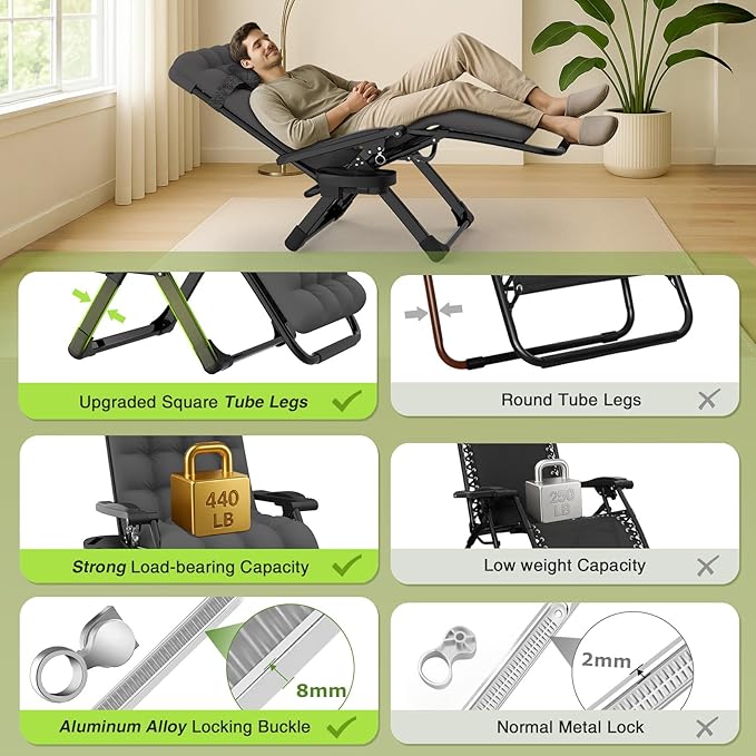 Suteck Zero Gravity Chair, Reclining Camping Lounge Chair w/Removable Cushion, Upgraded Lock and Cup Holder, Reclining Patio Chairs Folding Recliner for Indoor and Outdoor Suteck
