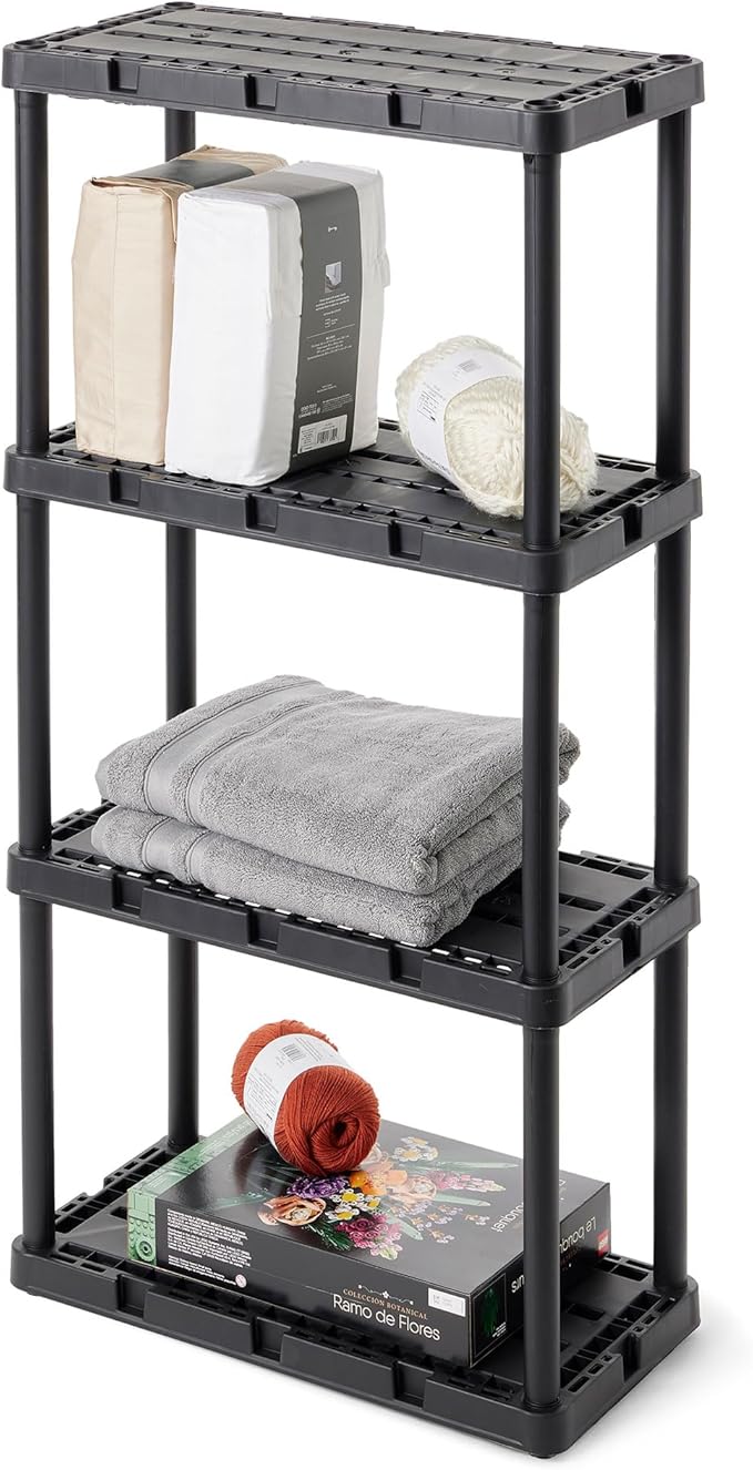 Gracious Living Light Duty Storage Shelves, Knect-A-Shelf 4-Shelf Ventilated Shelving Rack Organizer for Home, Garage, Basement & Laundry, Black GraciousLiving