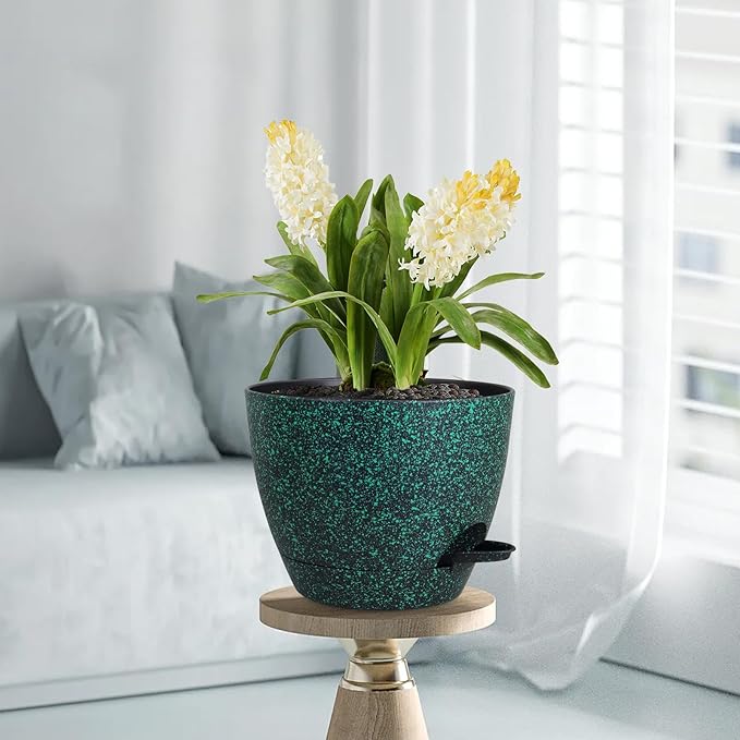 12 inch Large Self Watering Pots for Indoor Outdoor Plants, Flower Plant Pots with Mesh Drainage Holes for Garden House Plants, Plastic Planters for Home, Black with Green Speckles Meowell