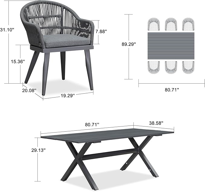 PURPLE LEAF 7 Pieces Longer Patio Dining Set with Outdoor Aluminium Dining Table and Woven Chairs Modern Metal Furniture Cushions Sets for Garden Yard Indoor Decor Kitchen Gray PURPLELEAF