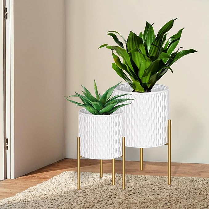 ARNIS Plants Pots with Stand, Set of 2 Planters, Unique Mid Century Decorative Metal Flower Pots with Drainage, 10.5 & 12.25 Inch, White and Gold ARNIS
