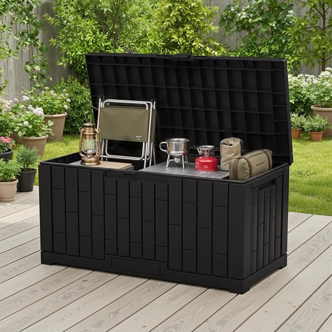 NEWBULIG 60 Gallon Deck Box, Waterproof Outdoor Storage Box with Lockable Lid, Patio Furniture Bench & Side Table, Outside Storage Container, Tool-Free Assembly, for Garden, Pool, Black NEWBULIG