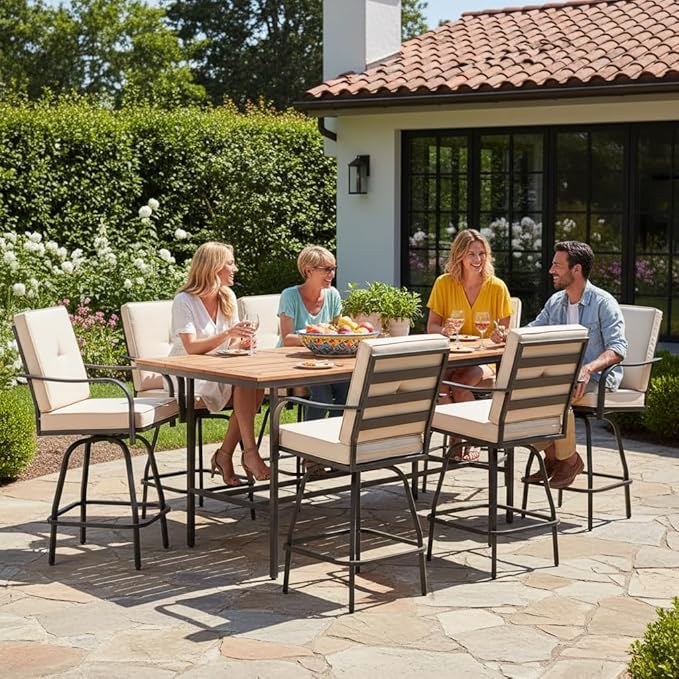 Patio Swivel Bar Stools Set of 6, Outdoor Bar Height Swivel Chairs with Cushions for Garden Balcony Backyard, Beige STRPRETTYBASIC