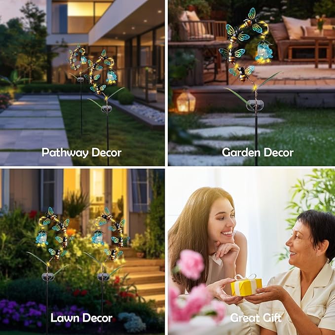 Afirst Decorative Solar Lights Outdoor Solar Bee Stake Light with Glass Flower Metal Decorative Garden Lights Outdoor Waterproof Stakes for Pathway Yard Lawn Decoration Mothers Day Mom Gifts Afirst