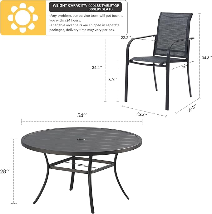 VICLLAX Patio Dining Set for 8, Outdoor Furniture Set Includes 53" Round Patio Table and 8 Patio Sling Chairs, Black Tabletop and Grey Fabric HOME