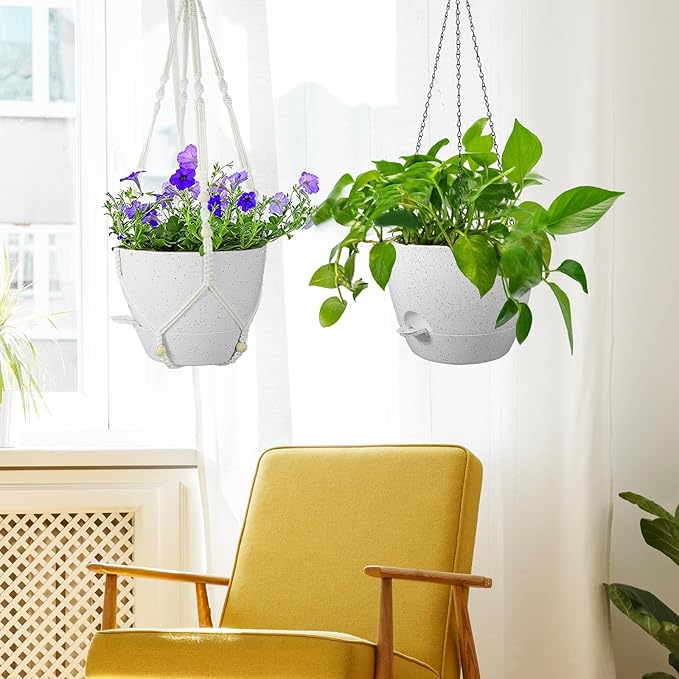 10 inch Self Watering Hanging Planters, 2 Pack Hanging Baskets for Indoor Outdoor Plants, Hanging Flower Pots with Drainage Holes and 2 Kinds of Plant Hangers for Garden Decor, Speckled White Meowell