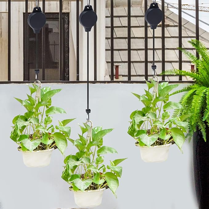 6pcs Plant Pulley Retractable Hanger Easy Reach Plant Pulley Adjustable Height Wheel for Hanging Plants Heavy Duty Plant Hanger for Garden Baskets Pots- Black Haakong