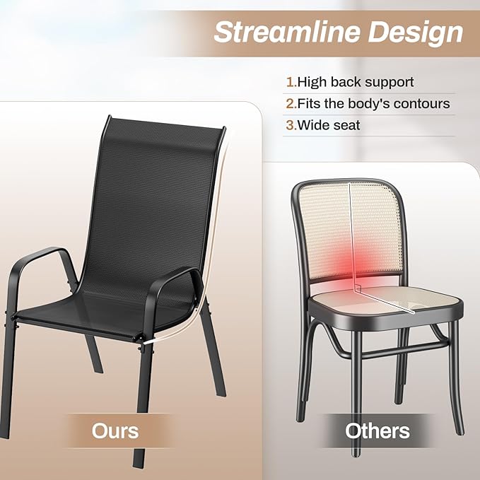TLSUNNY Patio Chairs, Stackable Textilene Outdoor Dining Furniture for All Weather, with 17.7″ Wide Seat & Metal Frame, for Garden, Backyard, Deck, Restaurant, Poolside (6, Black, 26.4″) TLSUNNY