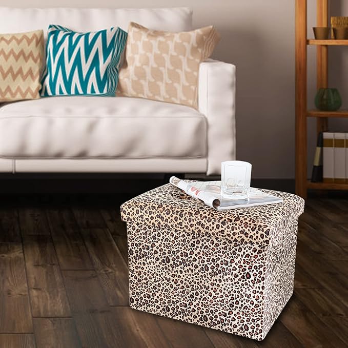 ALASDO Ottoman Storage Ottoman Footrest Stool Small Ottoman with Storage Foldable Ottoman Foot Rest Footstool Bench for Living Room 17x13x13inches Leopard Print ALASDO