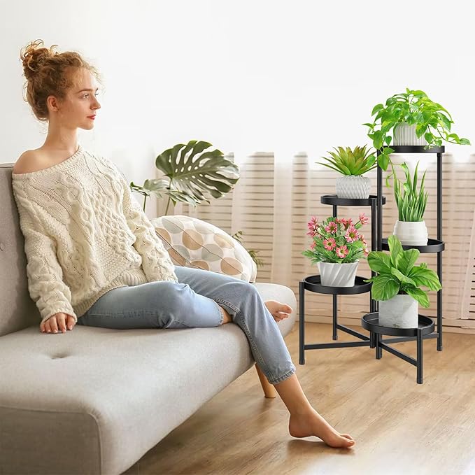iDavosic.ly 5 Tier Large Plant Stand Indoor with 10 Inch Wide Tray, Tiered Corner Metal Outdoor Flower Display Holder Shelf, Folding Tall Rack for Patio Porch Living Room, Modern Black iDavosicly