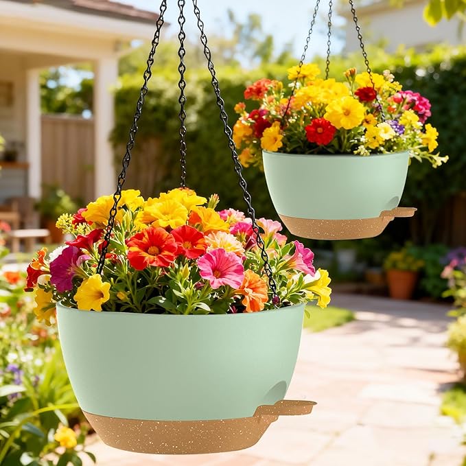 12 Inch Hanging Baskets 2 PC with Chains, Self-Watering Hanging Planters for Indoor Outdoor Plants, Plastic Hanging Flower Pots,Green Brown SQKH