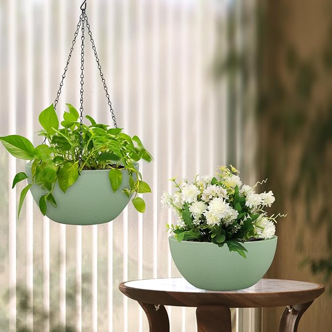 12 inch Large Hanging Planters Plant Pots for Indoor Outdoor Plants, 2 Pack Hanging Flower Pots with Drainage Holes and Chain for Garden Porch, Plastic Hanging Baskets for House Plants, Green Meowell