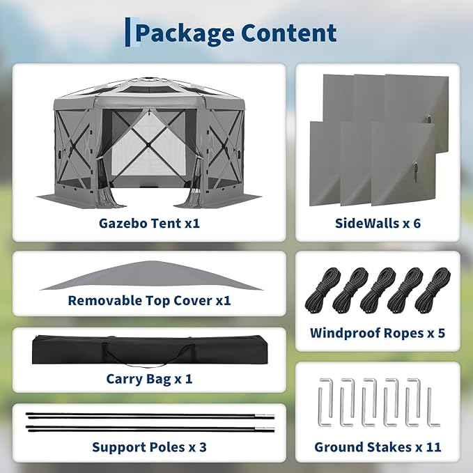 13x13FT 6-Sided Pop Up Gazebo Tent,One-Push Setup Canopy Tent with Removable Canopy Top & Wind Cloths, Outdoor shelter for Camping, Backyard Parties, Outdoor Events - Grey GarveeLife